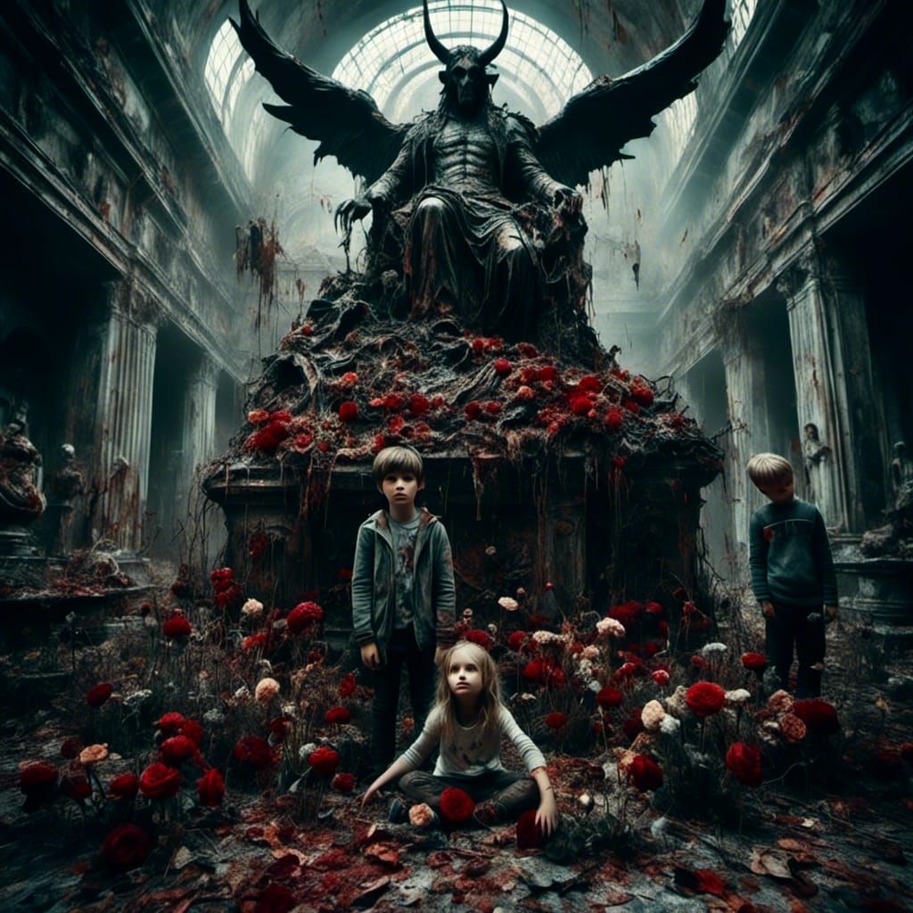 Children Adore Satan Statue in Macabre Realism