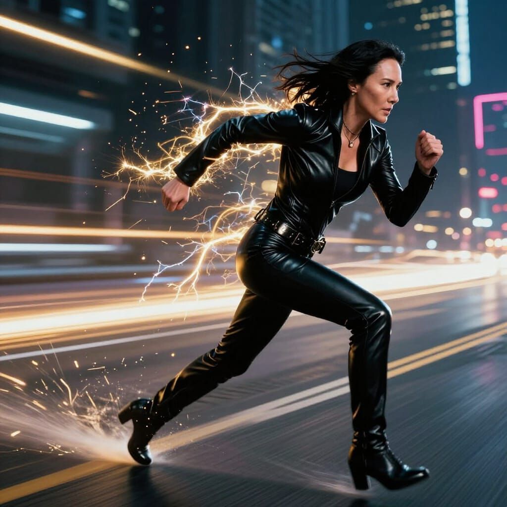 Trinity-Inspired Woman Speeding on Neon Highway