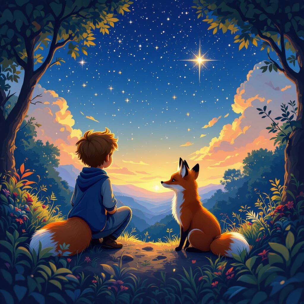 Little Prince and Fox Under Starry Sky