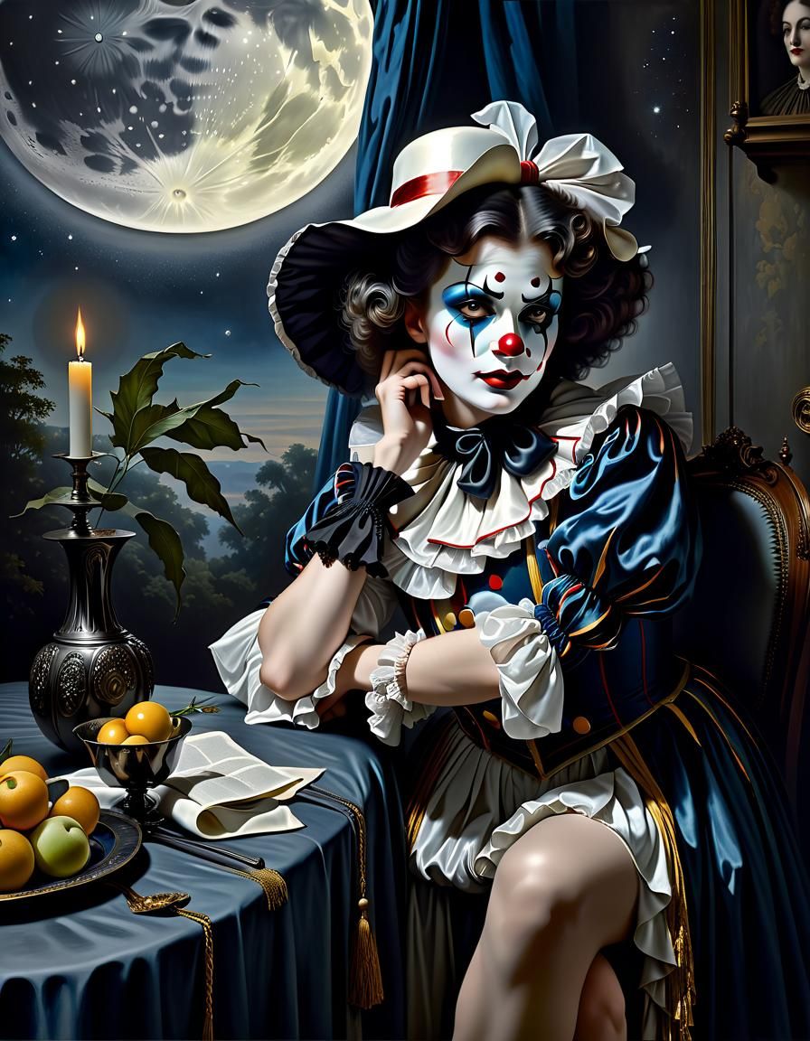 Pierrot in Moonlight: Hyperdetailed Photorealistic Art