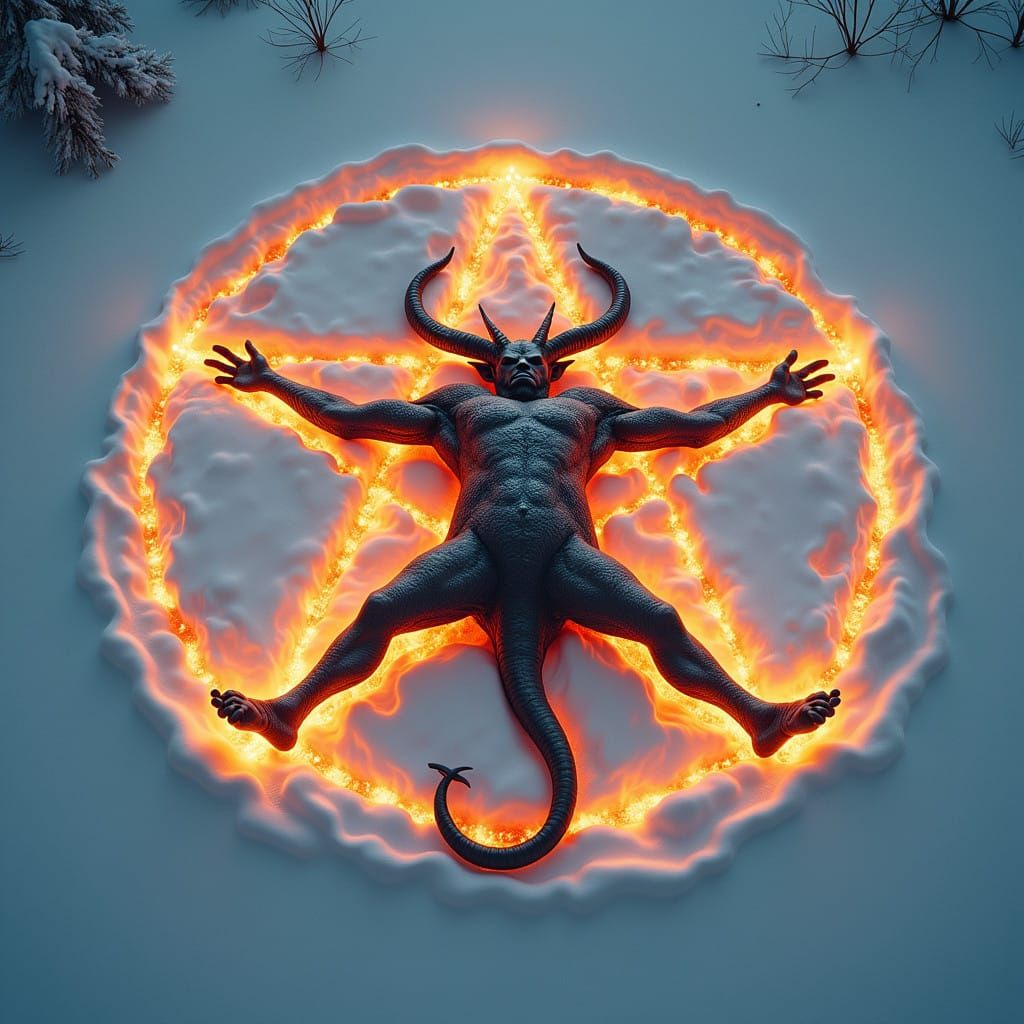 Surreal Devil Creates Fiery Pentagram in Winter Wonderland