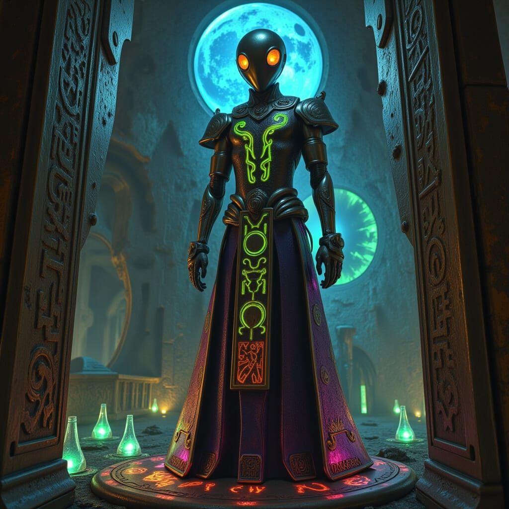 Ethereal Cosmic Being in Futuristic Ruins