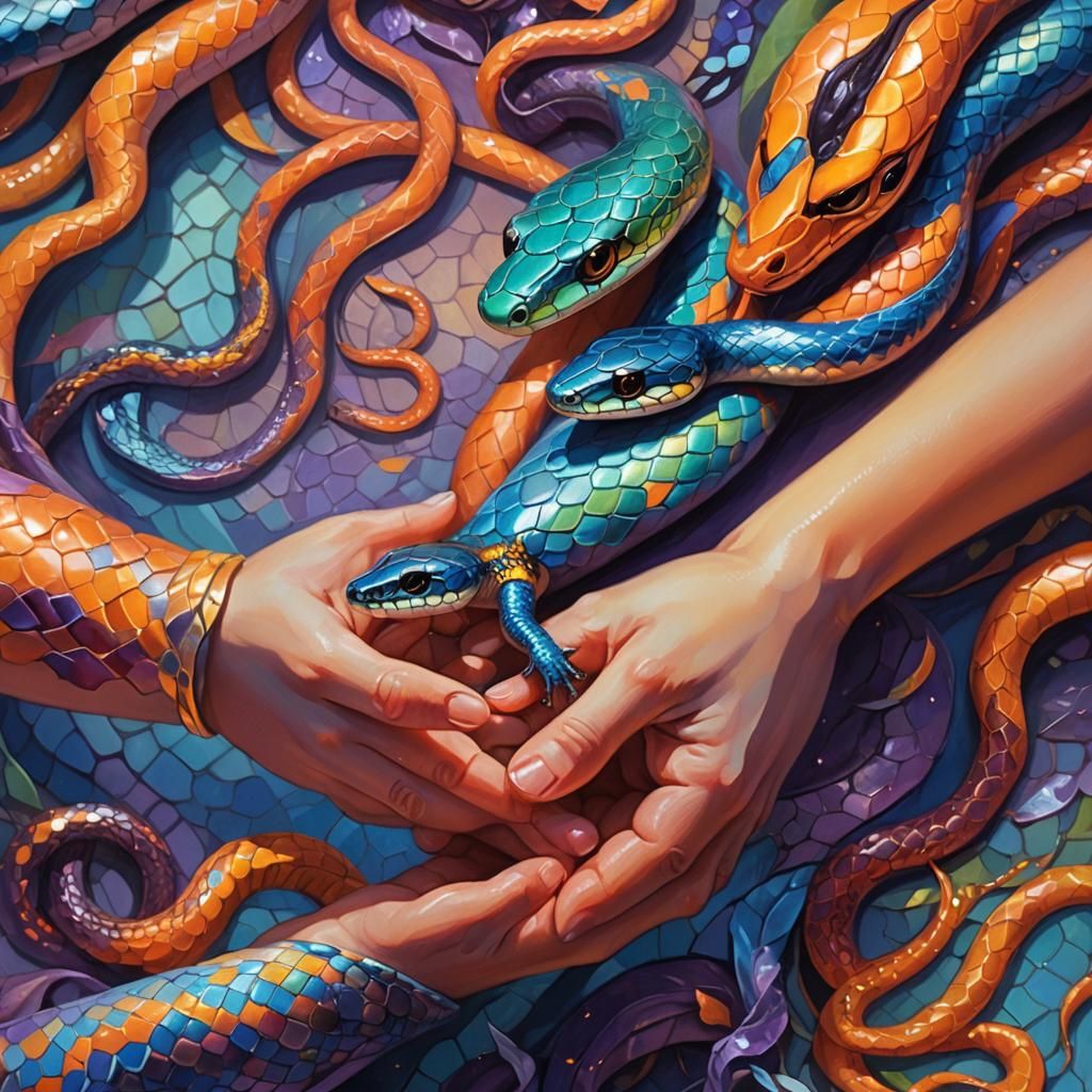 Multicolor Snake Wraps Around Child's Wrist, Oil Painting