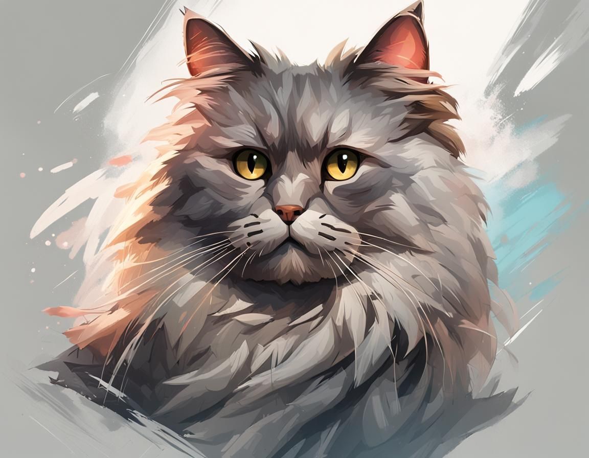 Fluffy Cat Portrait with Soft Brushstrokes