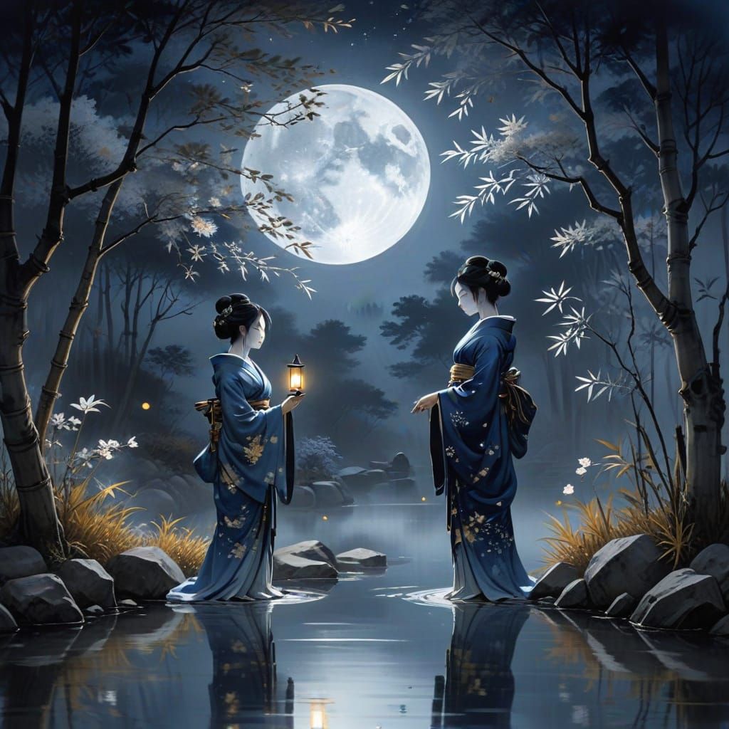 Nihonga Geishas Admire Moonlit Pond Reflection