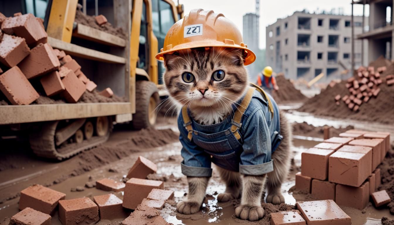 adorable sad cat working at a construction site
