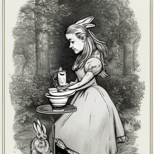 Alice and Rabbit Tea Party, Tenniel Style