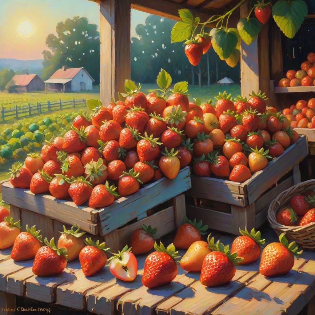 Impressionist Farmstand at Dusk with Twinkling Lights