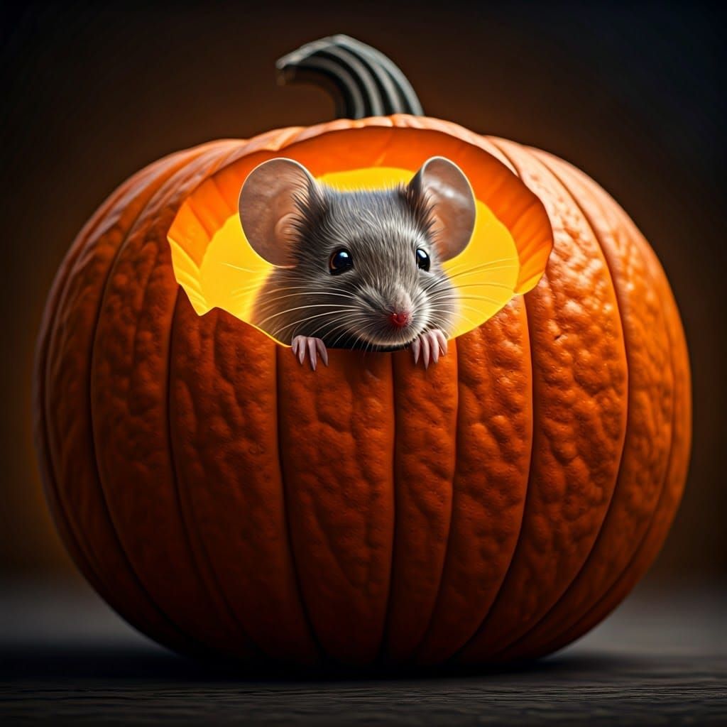 Mouse in Glowing Pumpkin: Whimsical Concept Art