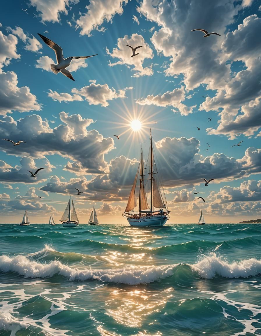 Turquoise Sea Scene with Sailboats in Digital Art