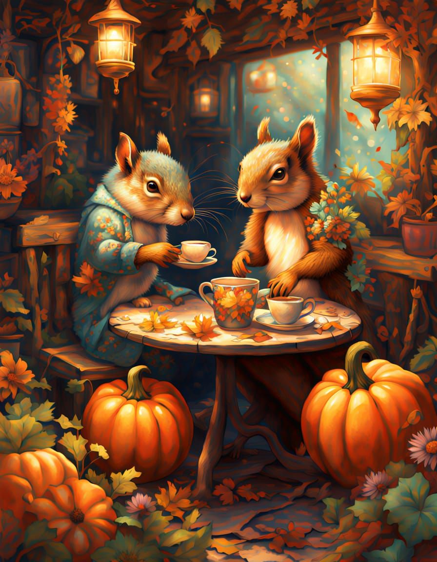 Squirrels' Autumn Tea Party in Diorama Style