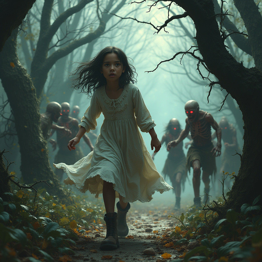 Girl Fleeing Zombie Horde in Dark Fantasy Forest