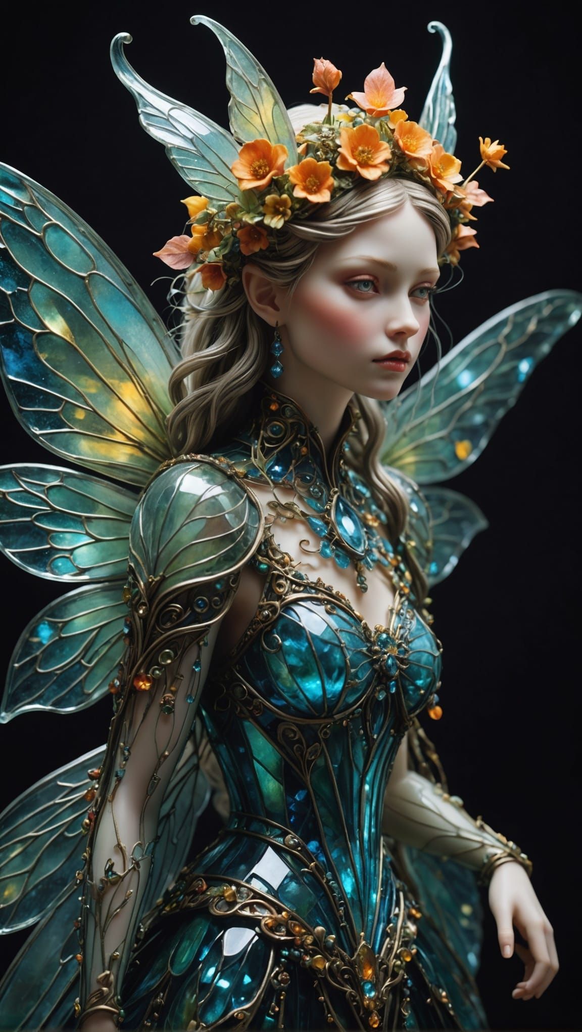 Enameled Glass Fairy Sculpture in Holographic Style