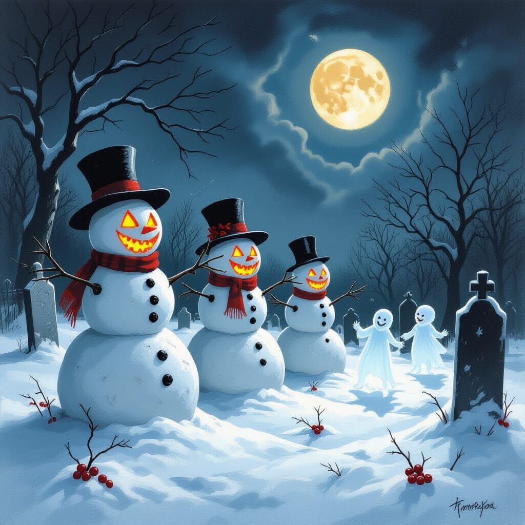 Eerie Pumpkin Snowmen in Moonlit Goya-Burton Graveyard