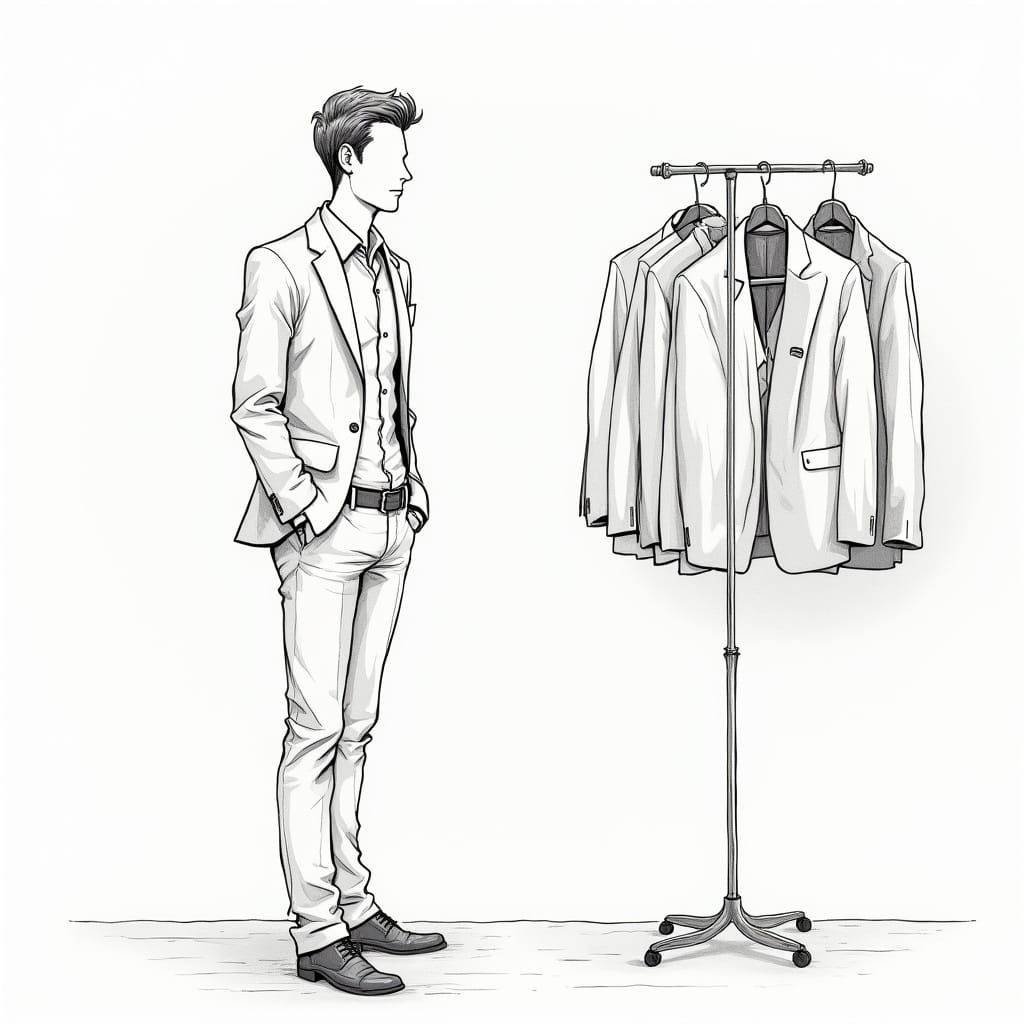 A Man in Casual Attire with a Hanging Suit
