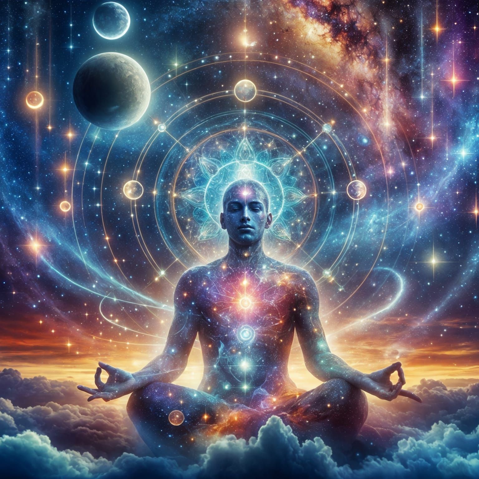 Meditating Man Enveloped by Dreamlike Galaxy