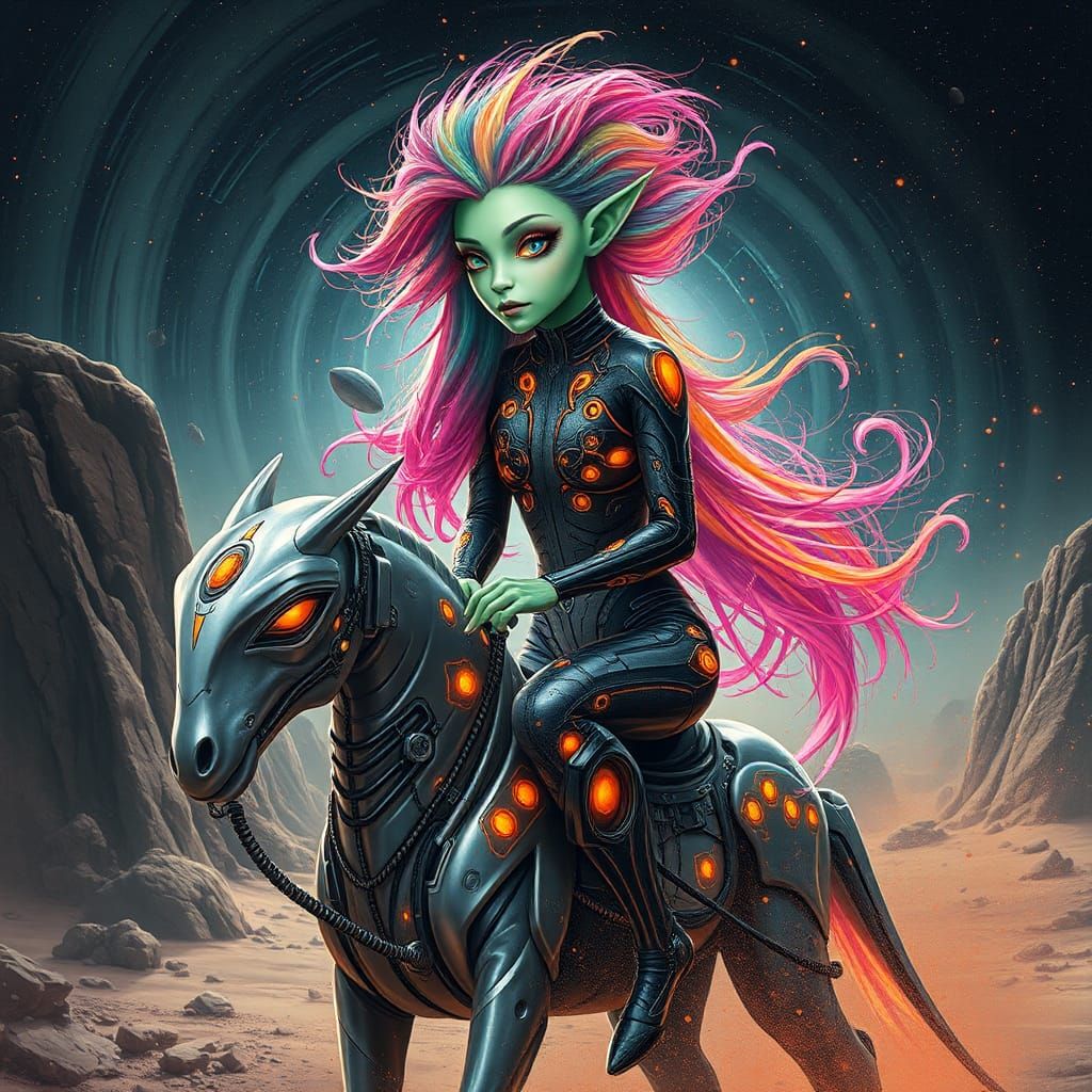 Alien Centaur Rider in Biomechanical Art Deco Style