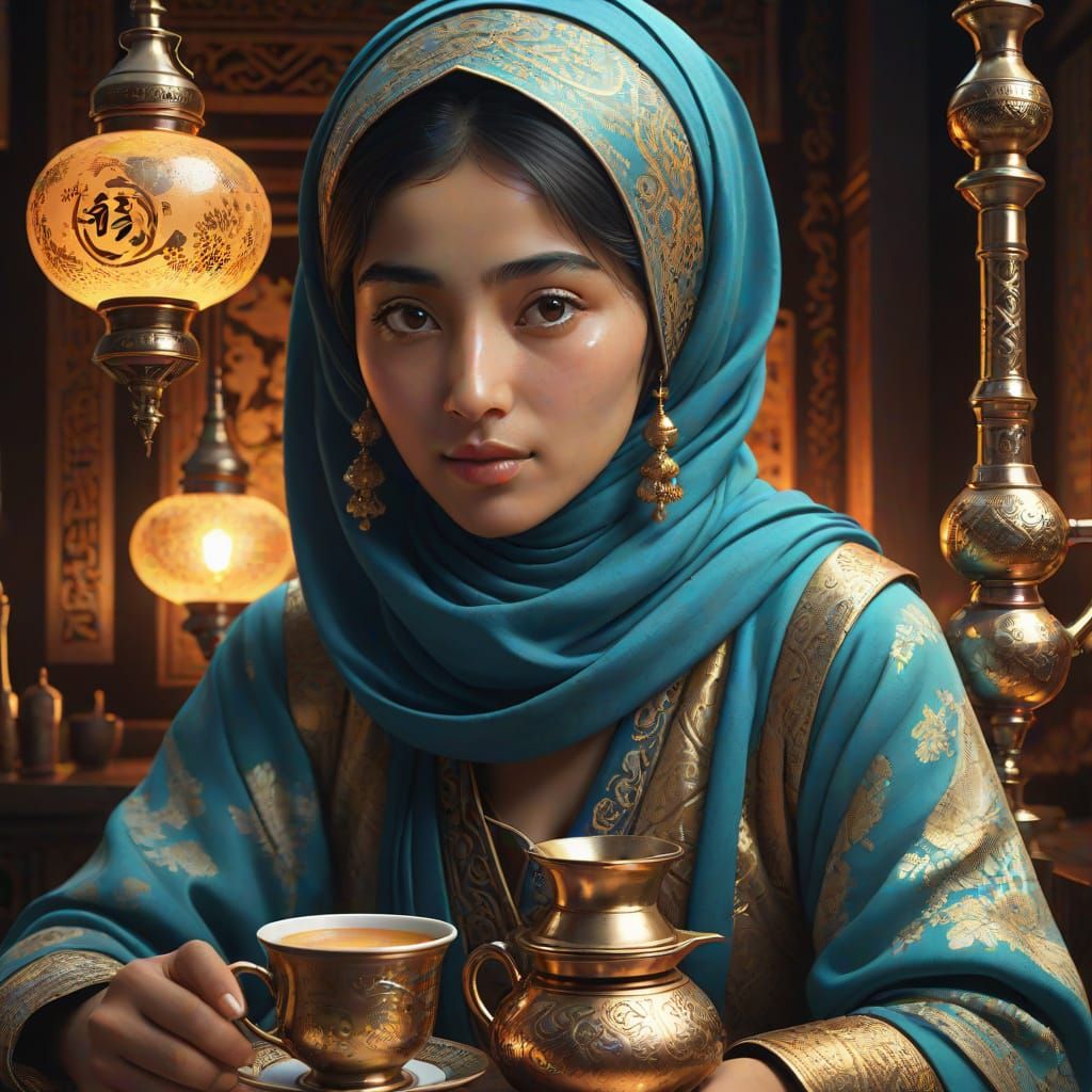 Arab Woman in Opulent Japanese-Inspired Portrait