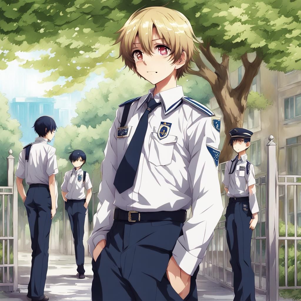 Anime-Style Boy in Uniform at School Entrance