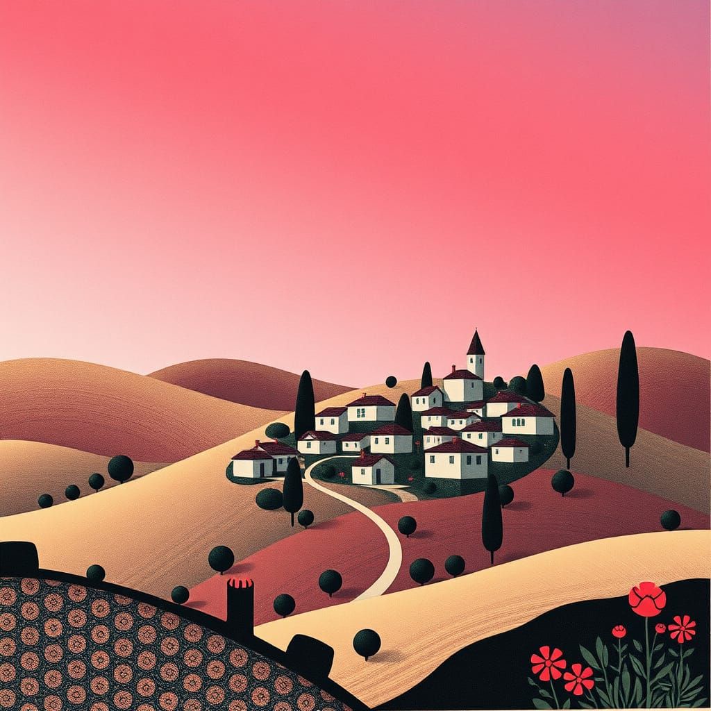 Dreamlike Village in Vibrant Risograph Landscape