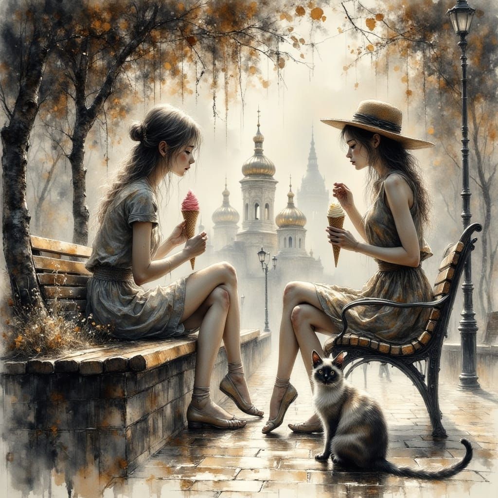 Mystical Kyiv Scene: Girls, Cat, and Surreal Cityscape