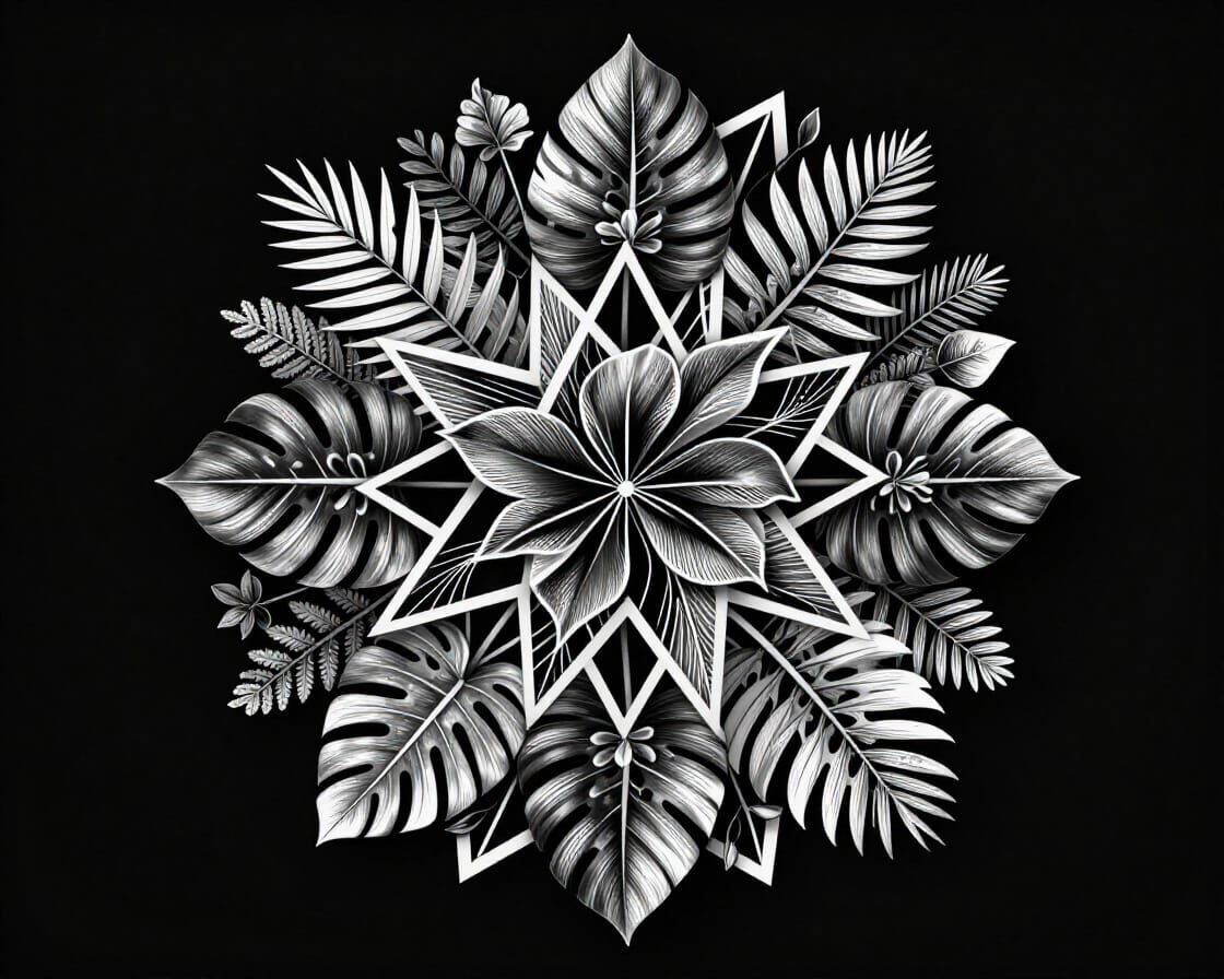 Botanical Mandala with Geometric Shapes in Vector Art Style