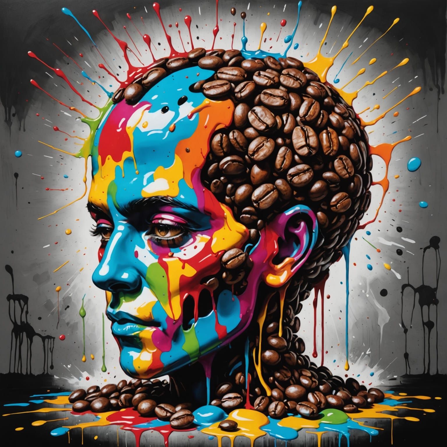 Coffee Bean Brain in Graffiti Splash Art Style