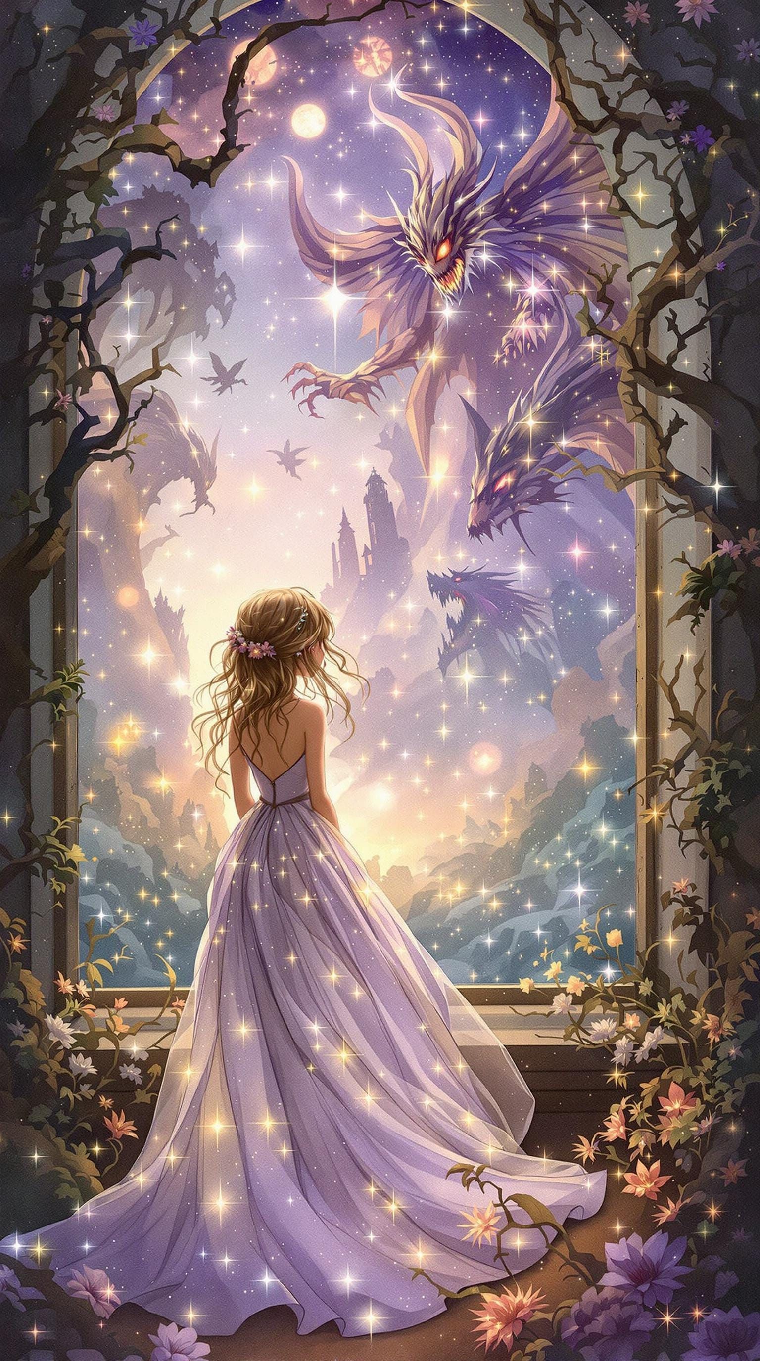 Magical Girl Stands at Window, Surrounded by Mythical Creatu...