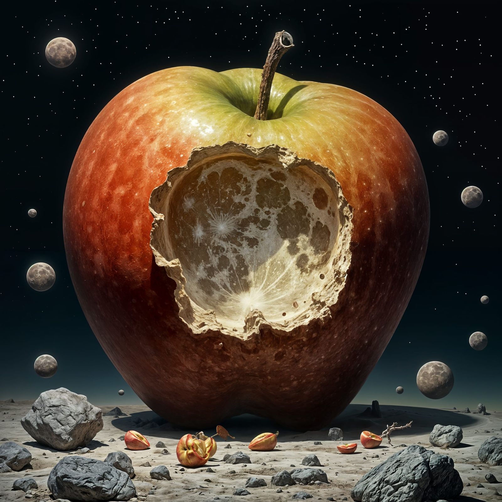 Apple Eats the Moon in Surreal Scene