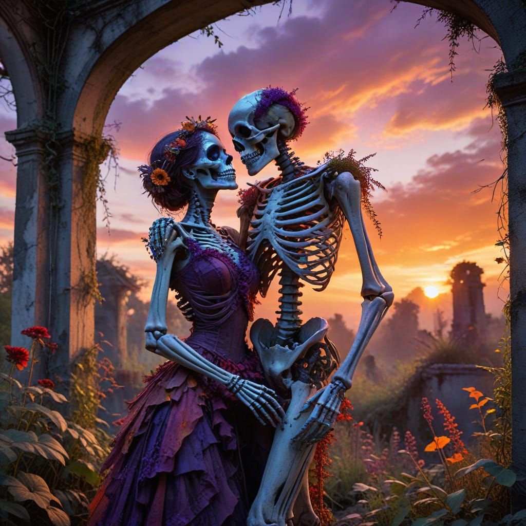 Bohemian Skeletons Dancing in Ruined Garden Sunset