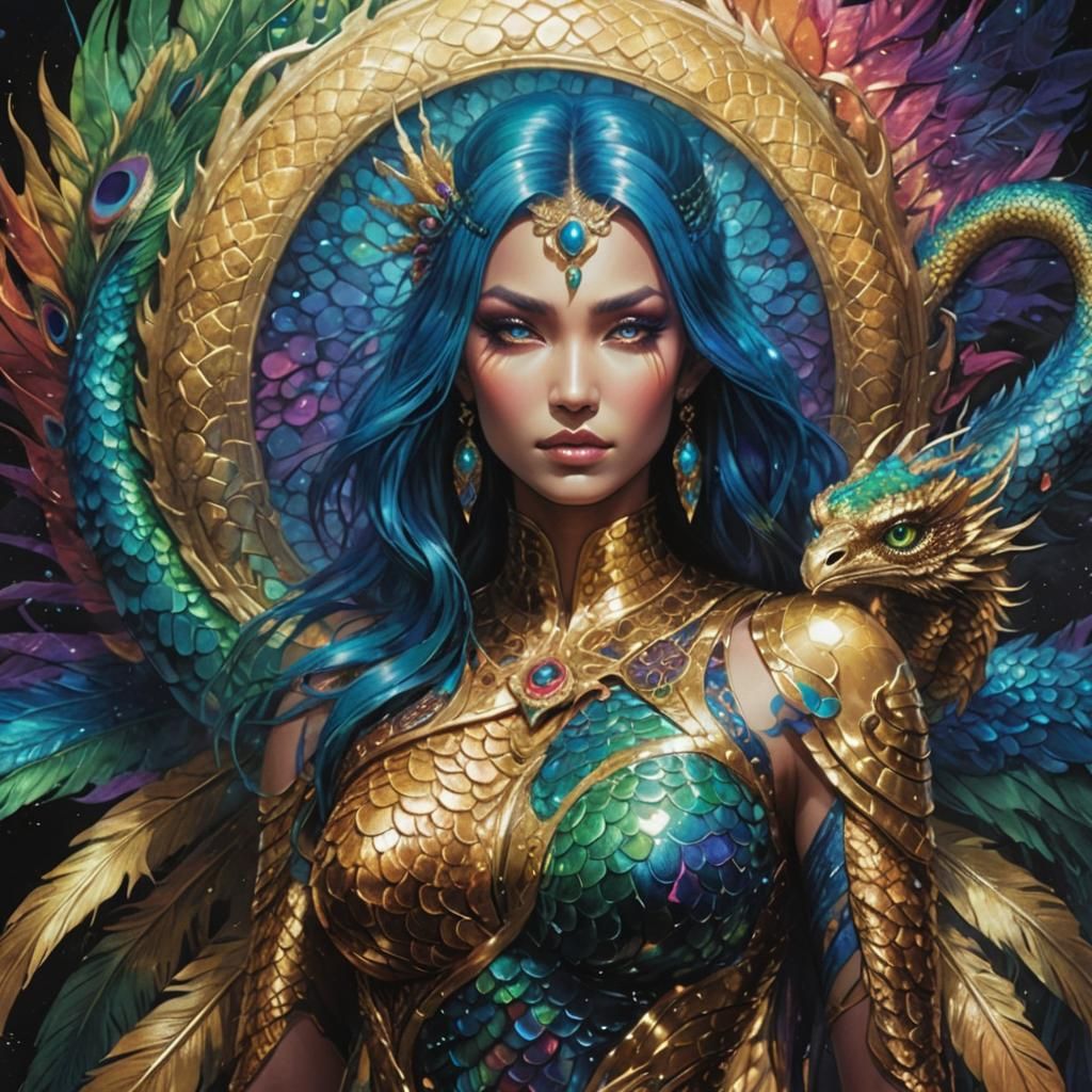 Rainbow Dragon Woman Portrait in Comic Book Style