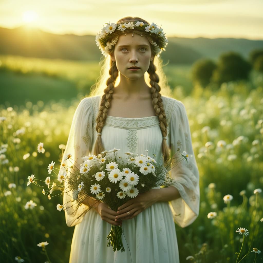 Cinematic May Queen in Lush Green Fields