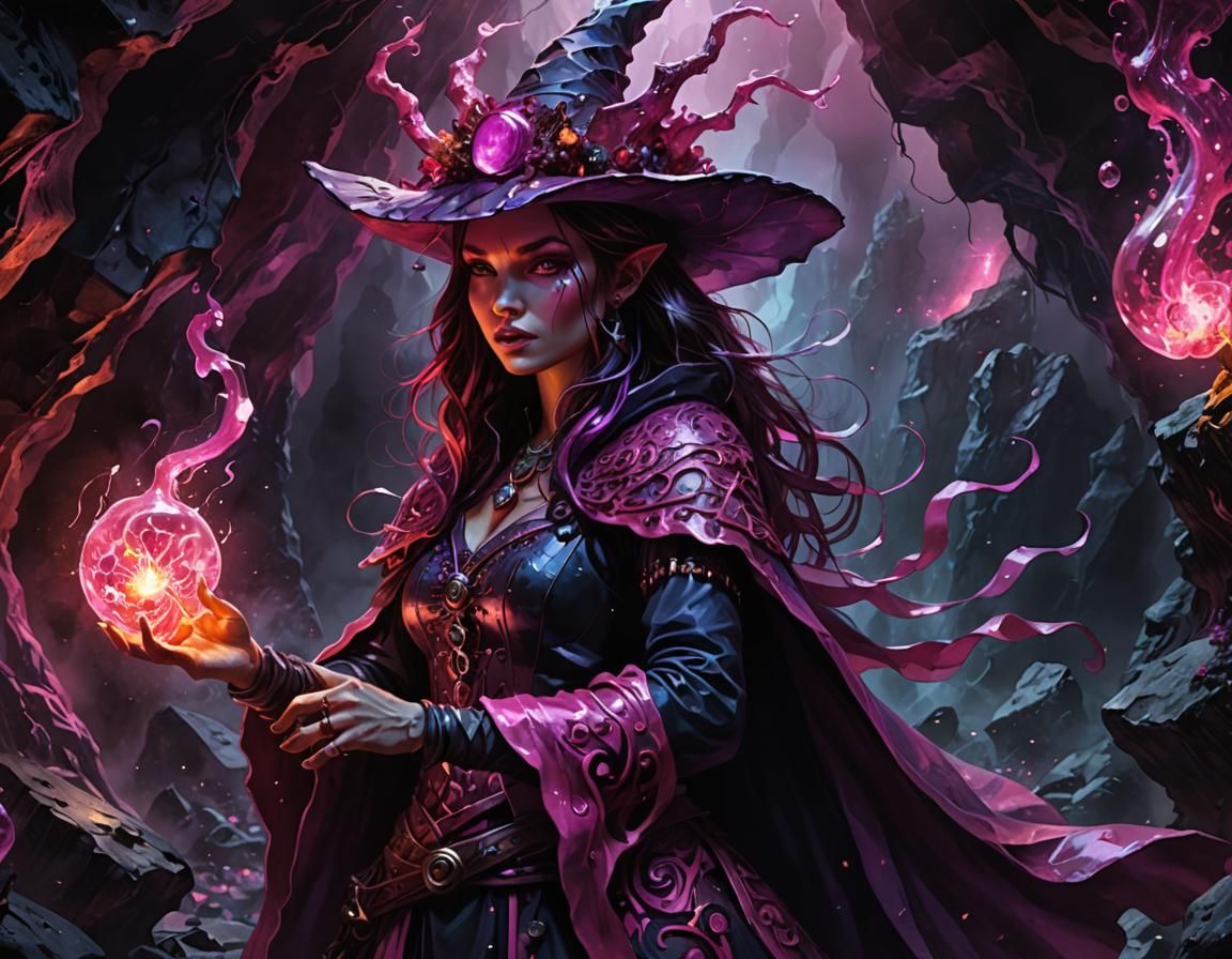 Sorceress Casting a Spell in Alcohol Ink Style