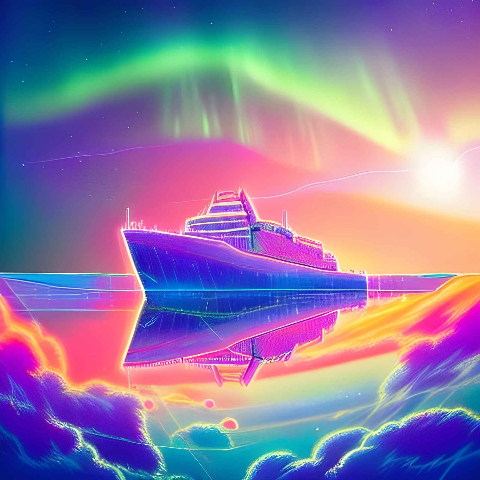 Cosmic Ship Sails Aurora Sky: Dreamy Celestial Masterpiece