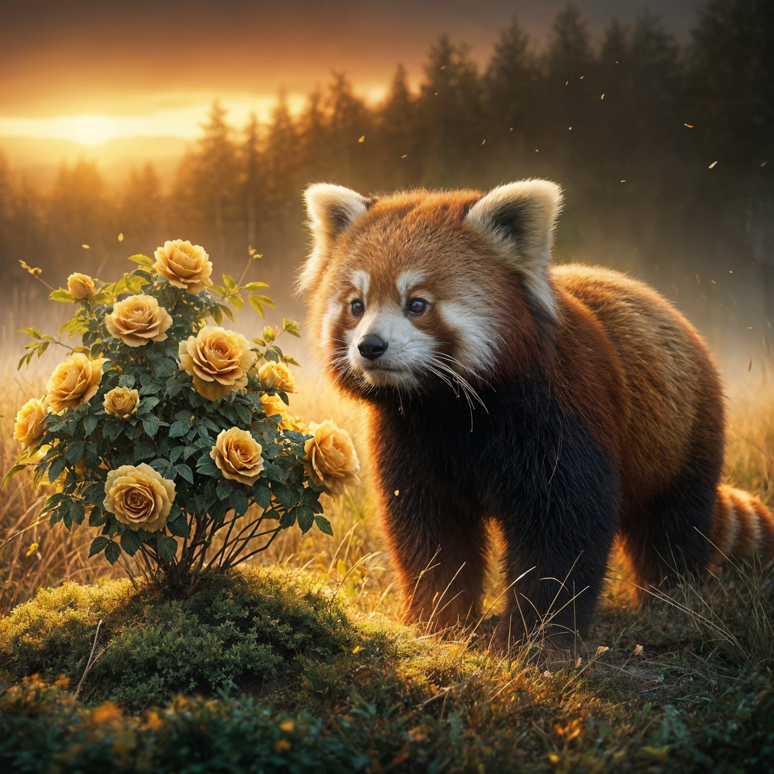 Red Panda in Golden Dusk Grassland with Roses