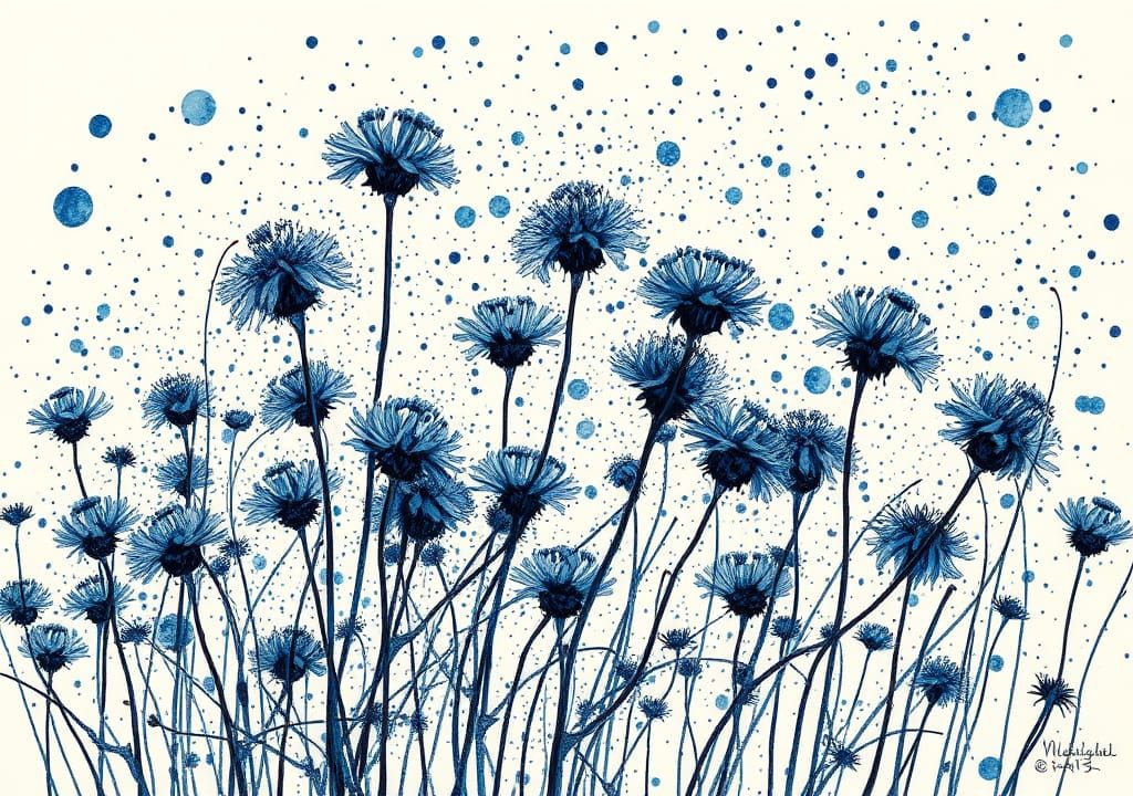Blue Asters Bending: Ink and Watercolor Masterpiece
