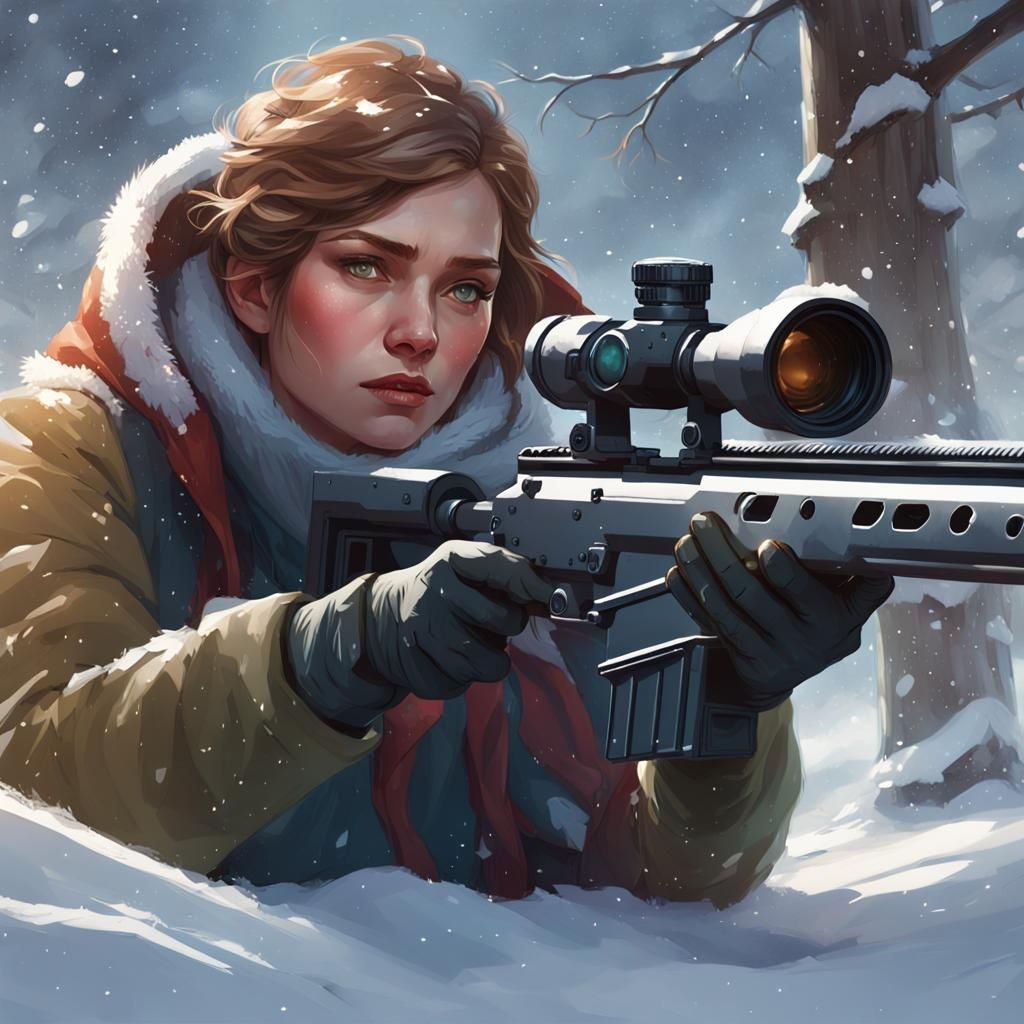 Woman with Barrett M82 in Snow, Hyperdetailed Art