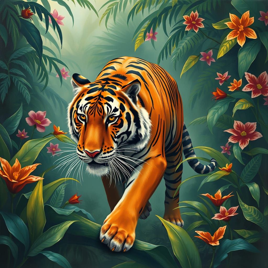 Majestic Bengal Tiger in Tropical Jungle Scene, in Vibrant I...