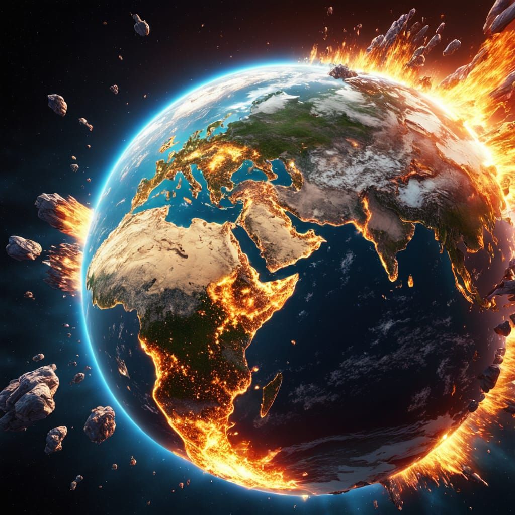 Earth Exploding in Space: Hyperrealistic Sci-Fi Illustration
