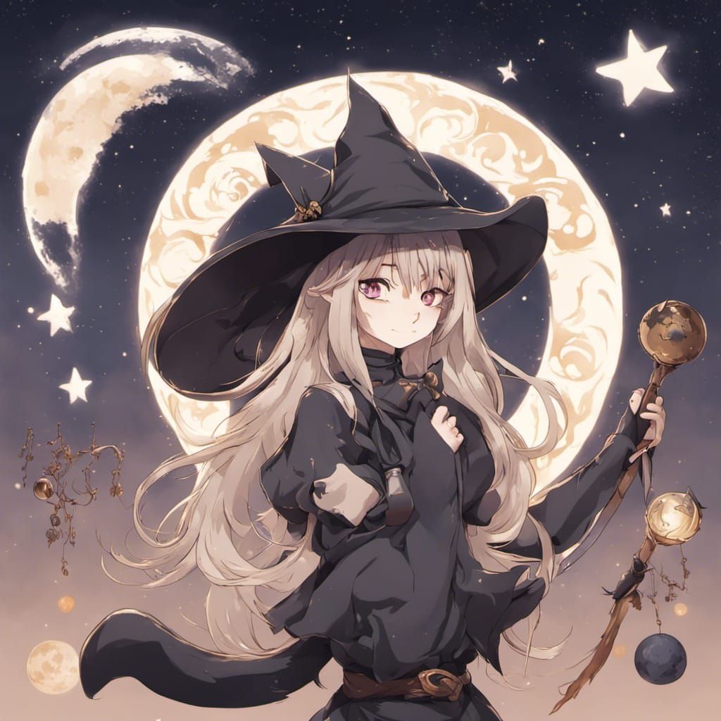 Anime Witch Cat with Moon Symbols