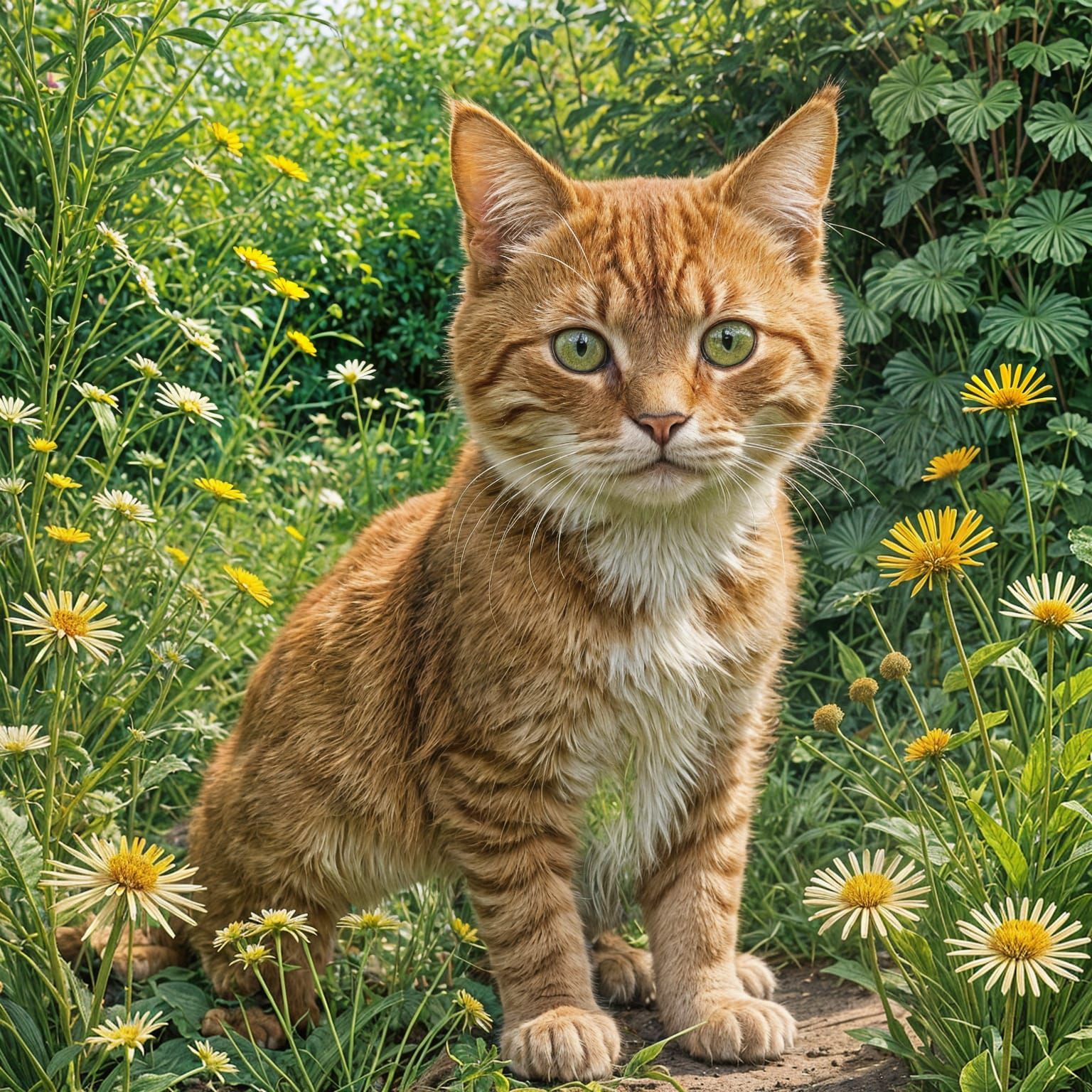 Ginger Cat Chases Dandelion in Whimsical Garden