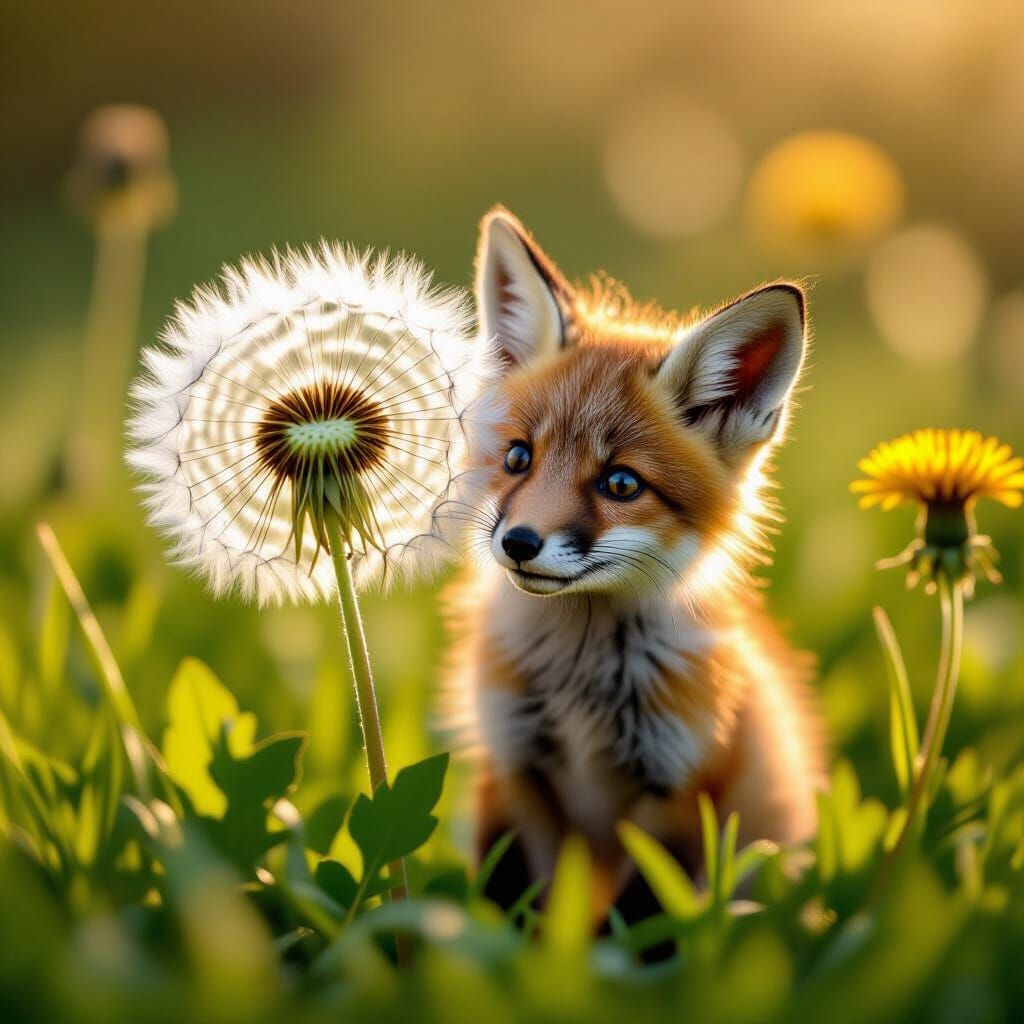Fox Cub Peeking by Giant Dandelion in Morning Sun