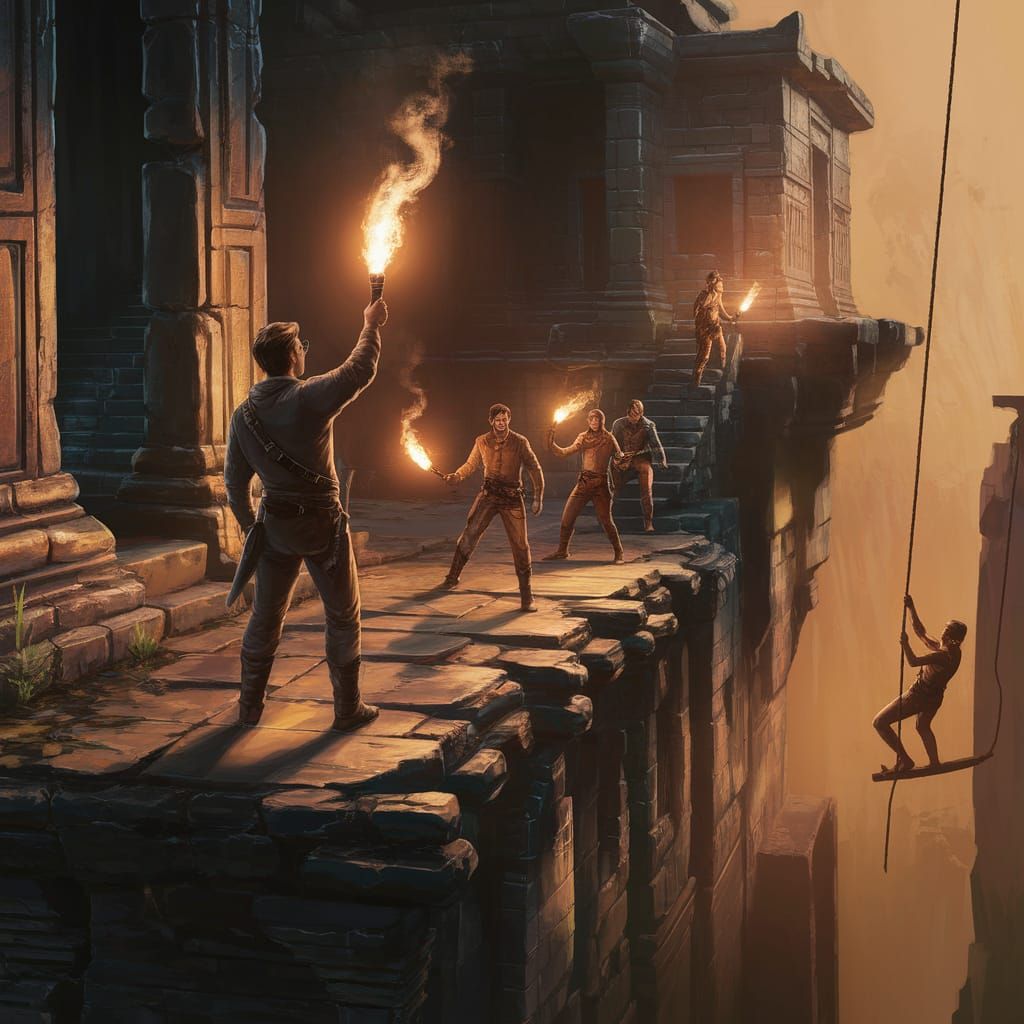 Explorer at Edge of Crumbling Temple Ruins