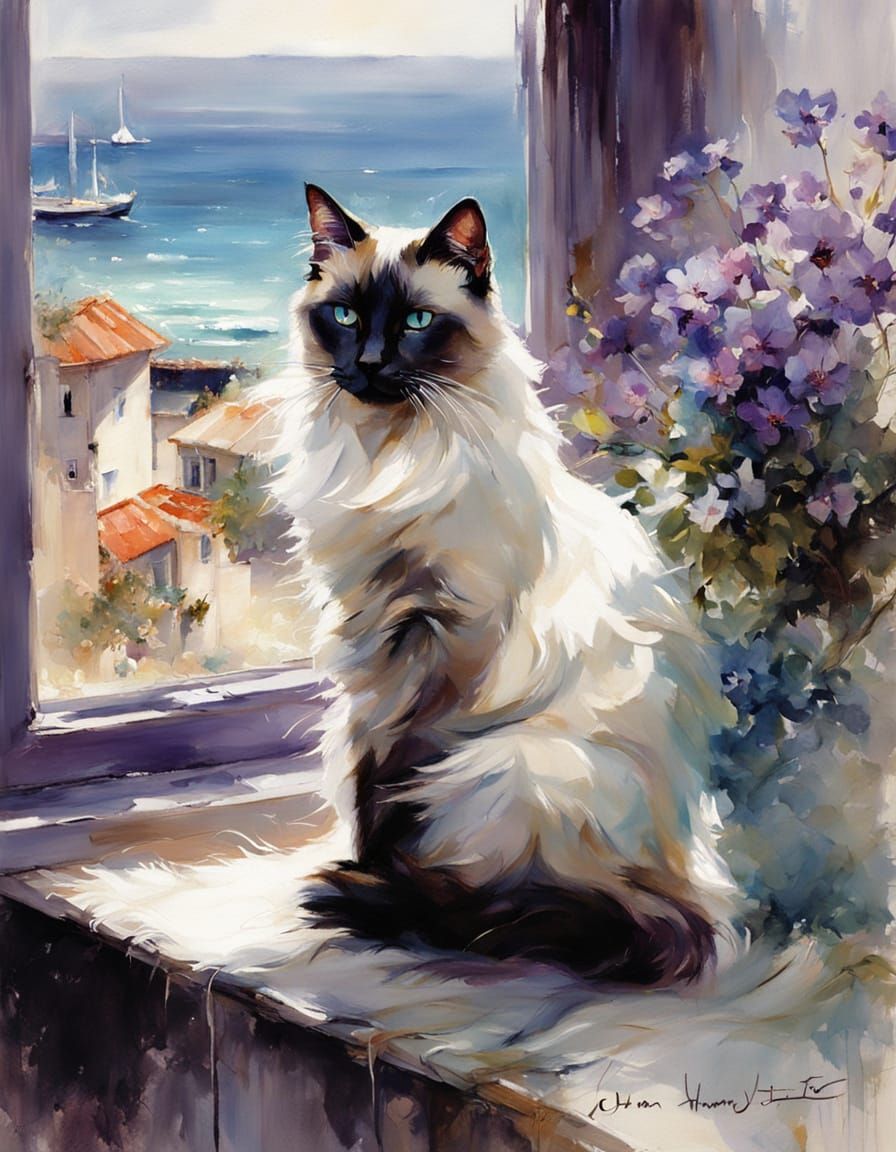 Siamese Cat on Windowsill with Ocean View