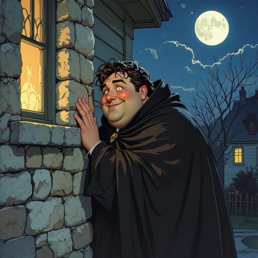 Man in Cloak Listens Secretly by Moonlight