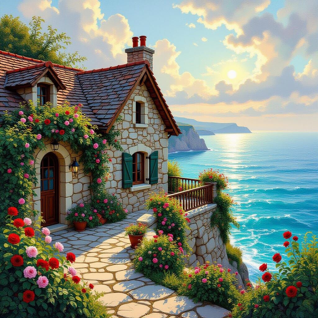 Secluded Cottage Overlooking Turquoise Ocean, Pre-Raphaelite...