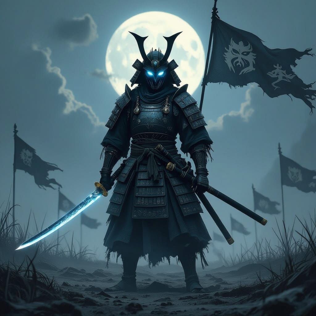 Demonic Yokai Samurai Stands Vigilant in the Moonlit Ruins