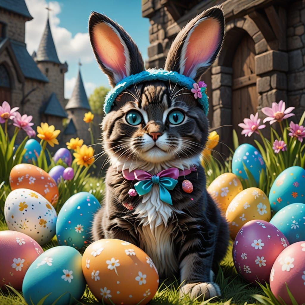 Fanciful Easter Cat with Colorful Eggs in Whimsical Fantasy ...