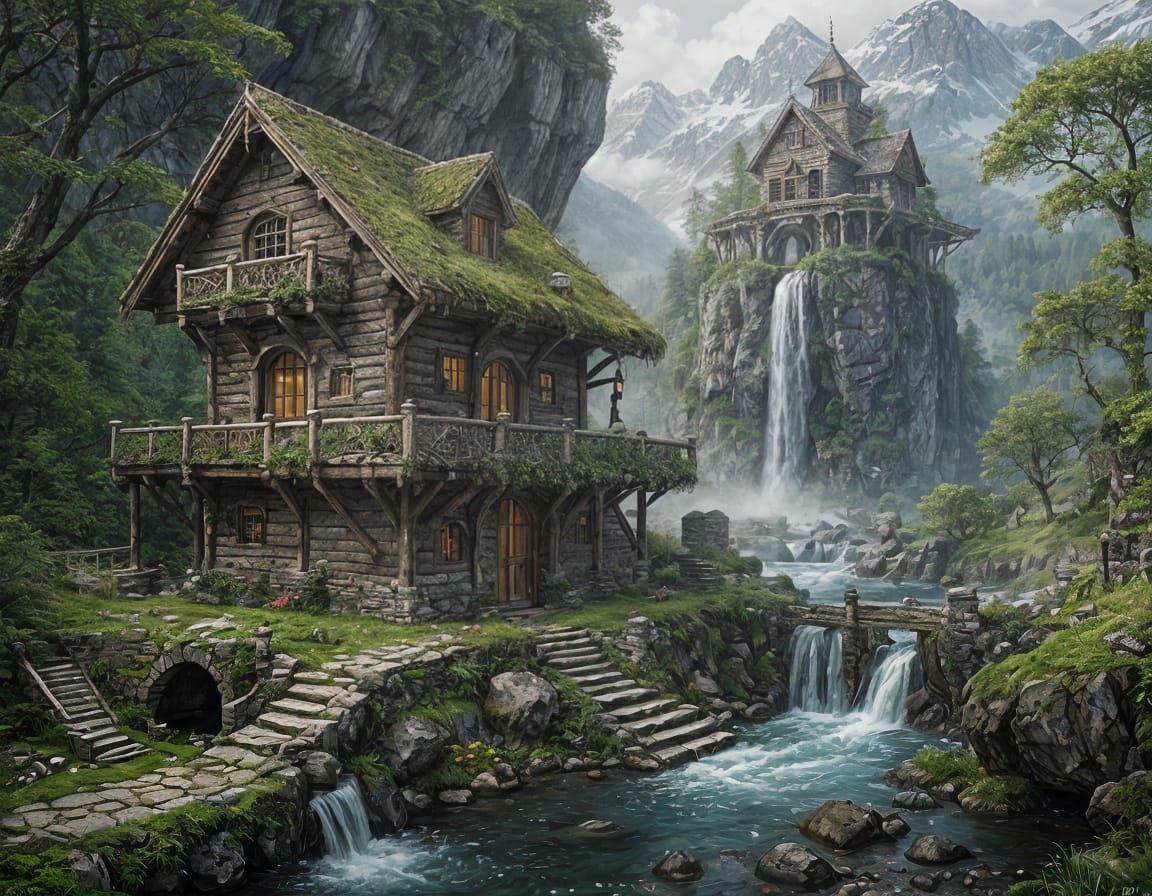 Norse Spring-House Fantasy Scene in Oil Painting Style