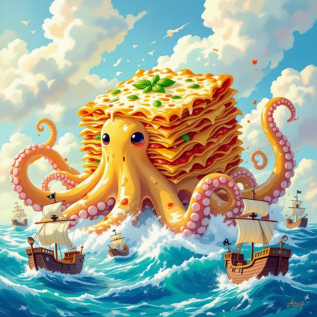 Lasagna Kraken Battles Gingerbread Ships in Ghibli Style
